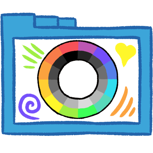 A hollow blue folder with thick lineart. Inside of it is the MOGAI circle, an O-shaped symbol with an outer ring of different colour blocks and an inner ring of different grayscale blocks. Around the circle are several doodles of lines, a heart, and a swirl, using colours from the circle's outer ring. 